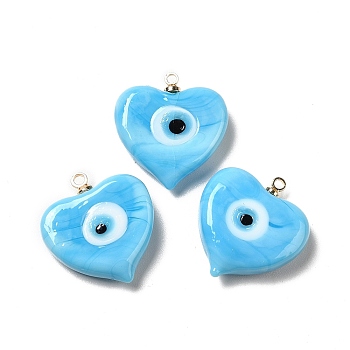 Handmade Lampwork Pendants, with Real 18K Gold Plated Plated Brass Finding, Cadmium Free & Lead Free, Heart with Evil Eye, Light Sky Blue, 19.5x18.2x5mm, Hole: 1.4mm