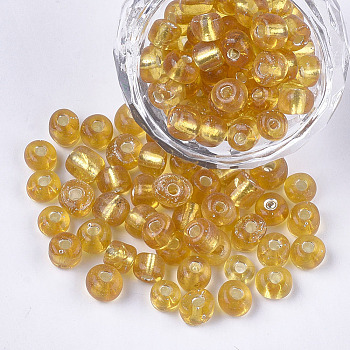 Glass Seed Beads, Silver Lined, Round, Goldenrod, 5~6x3~5mm, Hole: 1.2~2mm, about 2500pcs/bag