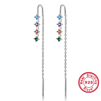 Rhodium Plated 925 Sterling Silver Chains Ear Thread, Colorful Cubic Zirconia Stud Earrings, Platinum, 60mm