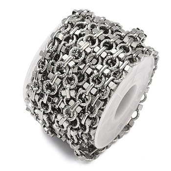 304 Stainless Steel Flat Round Link Chains, Unwelded, with Spool, Stainless Steel Color, 7.5x7.5x4mm
