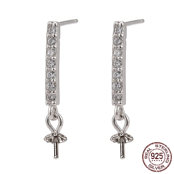 Rhodium Plated 925 Sterling Silver Stud Earring Findings, with Cubic Zirconia, For Half Drilled Beads, Rectangle, Clear, Platinum, 20x2mm, Pin: 0.5mm and 0.6mm
