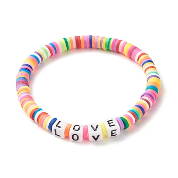 Love Word Acrylic Beads Stretch Bracelet, Handmade Polymer Clay Heishi Beads Surfering Bracelet for Girl Women, Colorful, Inner Diameter: 2-1/4 inch(5.8cm)