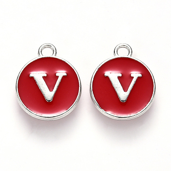 Platinum Plated Alloy Enamel Charms, Cadmium Free & Lead Free, Enamelled Sequins, Flat Round with Letter, Red, Letter.V, 14x12x2mm, Hole: 1.5mm