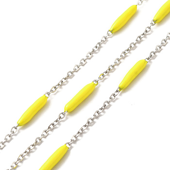 Enamel Column Link Chains, with 304 Stainless Steel Cable Chains, Unwelded, with Spool, Yellow, 14~17x2~3mm and 1.5x2x0.5mm, about 32.81 Feet(10m)/Roll