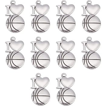 10Pcs 304 Stainless Steel Pendants, Laser Cut, I Love with Basketball, Stainless Steel Color, 28.5x16x2.5mm, Hole: 2mm