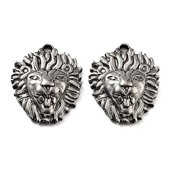 201 Stainless Steel Pendants, Lion Head Charm, Antique Silver, 26x20.5x5mm, Hole: 2.5mm