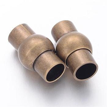 Brass Magnetic Clasps with Glue-in Ends, Oval, Antique Bronze Color, 17x10mm, Hole: 6mm