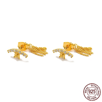 925 Sterling Silver Micro Pave Clear Cubic Zirconia Stud Earring Findings, Tassel Front Back Earring Findings for Half Drilled Beads, with S925 Stamp, Real 18K Gold Plated, 5x11mm, Pin: 10.5x0.7mm and 0.7mm