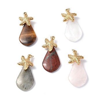 Natural Mixed Gemstone Pendants, Teardrop Charms, with Ion Plating(IP) Golden Tone 304 Stainless Steel Starfish Findings, 39.5~40x18.5~19x7~7.5mm, Hole: 3.5mm