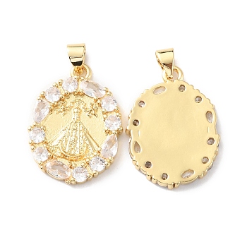 Rack Plating Brass Micro Pave Cubic Zirconia Pendants, Long-Lasting Plated, Cadmium Free & Lead Free, Oval with Nossa Senhora Aparecida, Real 18K Gold Plated, 24x18x2.5mm, Hole: 4.7x3.5mm