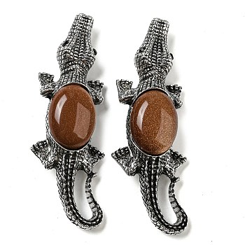 Dual-use Items Alloy Crocodile Brooch, with Synthetic Goldstone, Antique Silver, 67.5x24x10mm, hole: 4x3.5mm