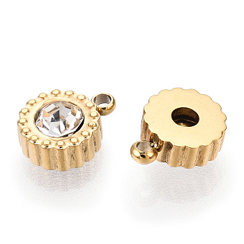 Ion Plating(IP) 304 Stainless Steel Charms, with Glass, Flat Round Charm, Real 18K Gold Plated, 7x5x3mm, Hole: 1.2mm
