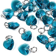 Faceted Transparent Glass Charms, with Iron Jump Ring, Heart, Dark Cyan, 13~14x10x5~6mm, Hole: 4mm(GLAA-T024-04D)