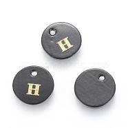 Freshwater Shell Charms, with Gold Blocking Letter, Dyed, Flat Round, Black, Letter.H, 11x1.5mm, Hole: 1.5mm(SHEL-S253-16H)