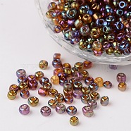 6/0 Transparent Rainbow Colours Round Glass Seed Beads, Misty Rose, Size: about 4mm in diameter, hole:1.5mm, about 495pcs/50g(X-SEED-A007-4mm-176)
