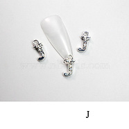 Alloy Rhinestone Cabochons, Nail Art Decoration Accessories, with Jump Ring, Letter, Platinum, Letter.J, 11~14x5~12mm(MRMJ-T056-93P-J)