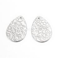 201 Stainless Steel Pendant, Textured, teardrop, wth Floral Pattern , Stainless Steel Color, 24x16x0.8mm, Hole: 1mm(STAS-S054-02)