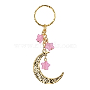 Tibetan Style Alloy Hollow Moon Pendant Keychain, with Acrylic Star Charm and Iron Split Key Rings, Pink, 9.2cm(KEYC-JKC00690-02)