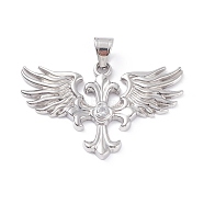 304 Stainless Steel Big Pendants, with Rhinestone, Wing with Cross, Stainless Steel Color, 58x38x4mm, Hole: 7x9mm(STAS-K171-31P)