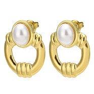 Ion Plating(IP) 304 Stainless Steel Ring Stud Earrings, with ABS Imitation Pearl, Real 14K Gold Plated, 26x20mm(EJEW-K268-05G)