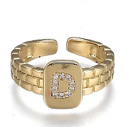 Brass Micro Pave Clear Cubic Zirconia Cuff Rings, Open Rings, Cadmium Free & Lead Free, Rectangle, Golden, Letter.D, US Size 6 1/4, Inner Diameter: 16.8mm(RJEW-H538-02G-D)