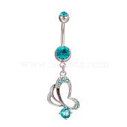 Piercing Jewelry Real Platinum Plated Brass Rhinestone Butterfly Navel Ring Belly Rings, Blue Zircon, 50x16mm, Bar Length: 3/8"(10mm), Bar: 14 Gauge(1.6mm)(AJEW-EE0001-76B)