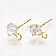 Brass Stud Earring Findings, with Cubic Zirconia and Loop, Clear, Real 18K Gold Plated, 10x6.5mm, Hole: 2mm, Pin: 0.8mm(KK-T035-123G)