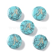 Synthetic Turquoise Beads, with Golden Tone Brass Slices, Flat Round with Letter, Letter A, 15x5.5mm, Hole: 1.4mm(G-A238-02A)