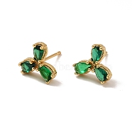 Emerald Rhinestone Leaf Stud Earrings, Rack Plating Brass Jewelry for Women, Cadmium Free & Lead Free, Real 18K Gold Plated, 10x11mm, Pin: 0.9mm(EJEW-M209-03G)