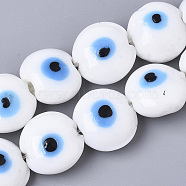 Handmade Evil Eye Lampwork Beads Strands, Flat Round, White, 16~17x8~9mm, Hole: 1.8mm, about 24pcs/strand, 12.60''(32cm)(X-LAMP-R143-04C)