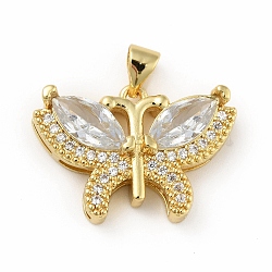 Brass Micro Pave Cubic Zirconia Pendants, Cadmium Free & Lead Free, Long-Lasting Plated, Butterfly, Real 18K Gold Plated, Clear, 16.5x23.5x6mm, Hole: 3.5x3.5mm(X-KK-B059-34G-D)