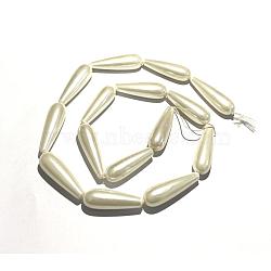 Electroplate Shell Pearl Beads Strands, teardrop, Creamy White, 26~29x8mm, Hole: 1~1.2mm, about 14pcs/strand, 15.7 inch(40cm)(BSHE-G010-8x30mm-01)