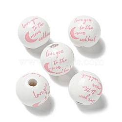 Printed Wood European Beads, Round with Word Pattern, Light Coral, 15.5~16mm, Hole: 4~4.5mm(WOOD-G022-20H)