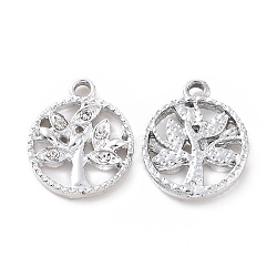 Alloy Rhinestone Pendants, Platinum Tone Flat Round with Tree Charms, Crystal, 18x14.5x2mm, Hole: 1.8mm(ALRI-C008-10P)