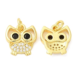 Brass Micro Pave Cubic Zirconia Pendants, Owl, Real 18K Gold Plated, 13x12x3mm, Hole: 2.7mm(KK-P236-06G)