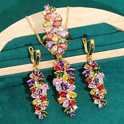 Leaf Brass Cubic Zirconia Pendant Necklaces & Hoop Earrings & Rings Sets, Golden, Colorful, 450mm & 60mm & 16.5mm(FS-WGD46EA-01)