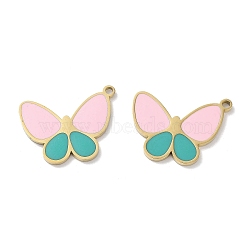 Ion Plating(IP) 304 Stainless Steel Pendants, with Enamel, Butterfly Charm, Golden, Pink, 16.5x21x1.5mm, Hole: 1.6mm(STAS-P339-13G-01)