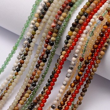 Natural Assorted Gemstone Bead Strands, Round, 2~2.5mm, Hole: 0.6mm, about 175~185pcs/strand, 16 inch