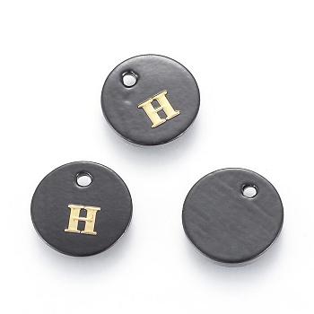 Freshwater Shell Charms, with Gold Blocking Letter, Dyed, Flat Round, Black, Letter.H, 11x1.5mm, Hole: 1.5mm