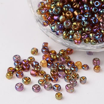 6/0 Transparent Rainbow Colours Round Glass Seed Beads, Misty Rose, Size: about 4mm in diameter, hole:1.5mm, about 495pcs/50g