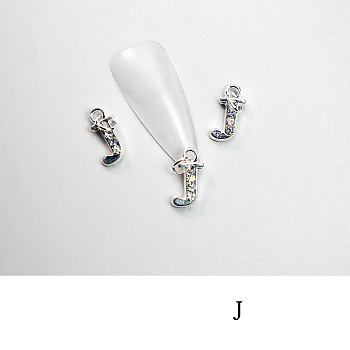 Alloy Rhinestone Cabochons, Nail Art Decoration Accessories, with Jump Ring, Letter, Platinum, Letter.J, 11~14x5~12mm