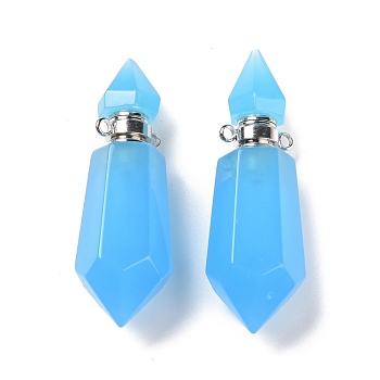 Faceted Glass Perfume Bottle Pendants, with Platinum Tone Brass Findings, Cadmium Free & Lead Free, Bottle, Deep Sky Blue, 42~44x13x13mm, Hole: 1.6mm