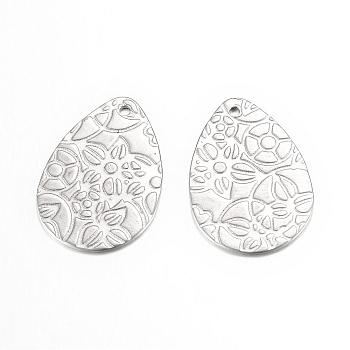 201 Stainless Steel Pendant, Textured, teardrop, wth Floral Pattern , Stainless Steel Color, 24x16x0.8mm, Hole: 1mm