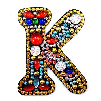 DIY Colorful Initial Letter Keychain Diamond Painting Kits, Including Acrylic Board, Bead Chain, Clasps, Resin Rhinestones, Pen, Tray & Glue Clay, Letter.K, 60x50mm