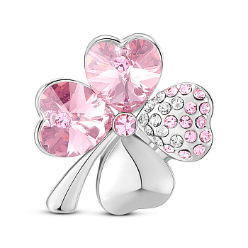 SHEGRACE Alloy Brooch, Micro Pave AAA Cubic Zirconia Four Leaf Clover with Austrian Crystal, Light Rose, 22x25mm