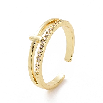 Clear Cubic Zirconia Cross Open Cuff Ring, Brass Jewelry for Women, Golden, Inner Diameter: 17.8mm