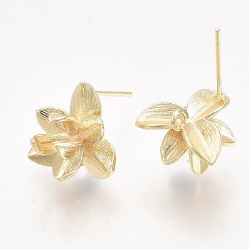 Brass Stud Earring Findings, with Loop, Real 18K Gold Plated, Nickel Free, Flower, 13.5x15mm, Hole: 1.4mm, Pin: 0.8mm