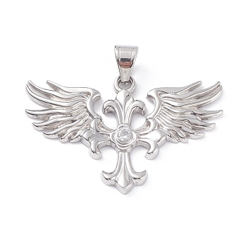 304 Stainless Steel Big Pendants, with Rhinestone, Wing with Cross, Stainless Steel Color, 58x38x4mm, Hole: 7x9mm