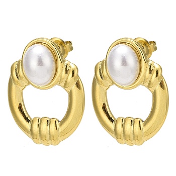 Ion Plating(IP) 304 Stainless Steel Ring Stud Earrings, with ABS Imitation Pearl, Real 14K Gold Plated, 26x20mm