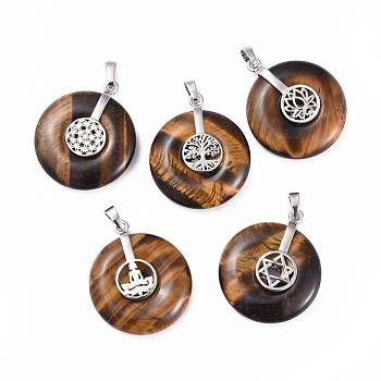 Natural Tiger Eye Pendants, with Platinum Tone Brass Findings, Donut/Pi Disc with Mixed Shapes, 35.5x30x8.5~9.5mm, Hole: 4.5x6.5mm